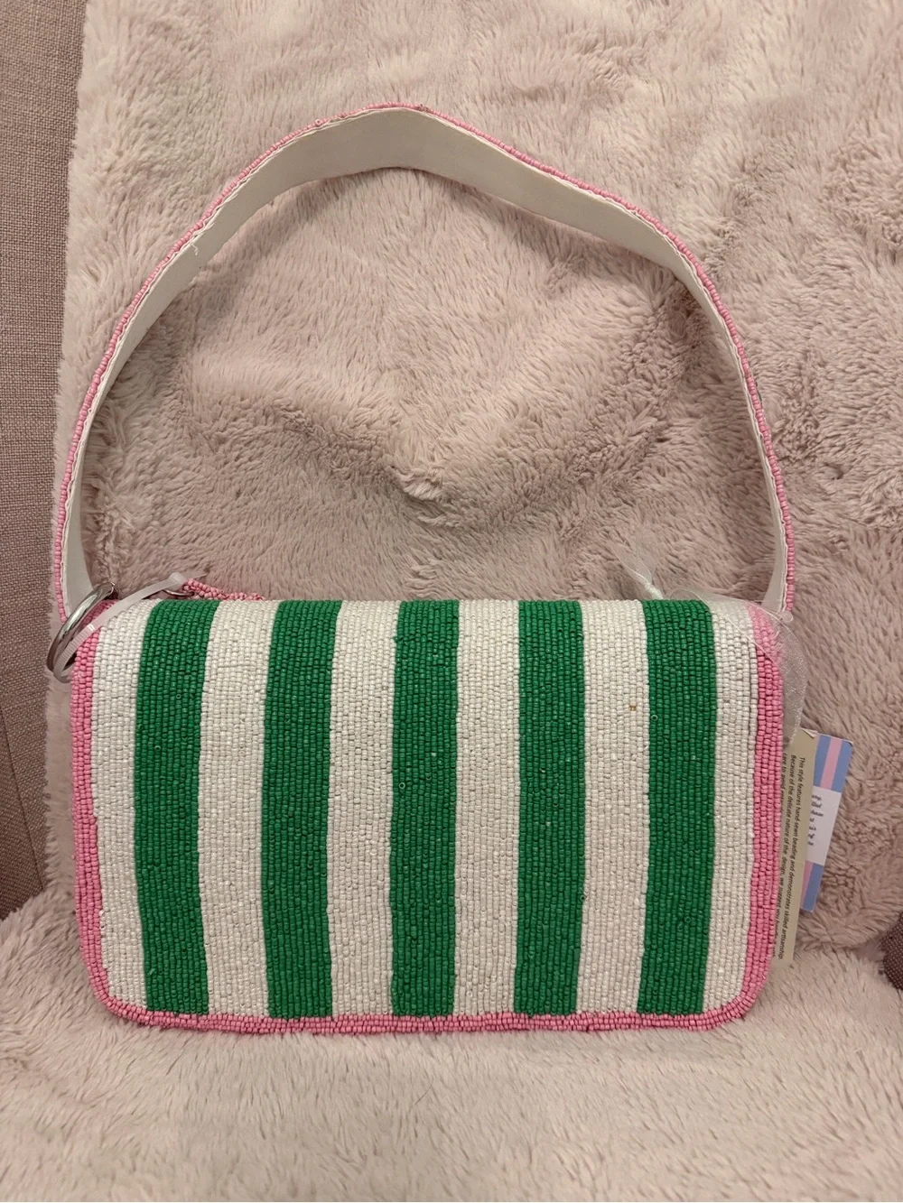 Viral TJ Maxx Beaded Bag Pink & Green Striped With Beaded Pink Charm